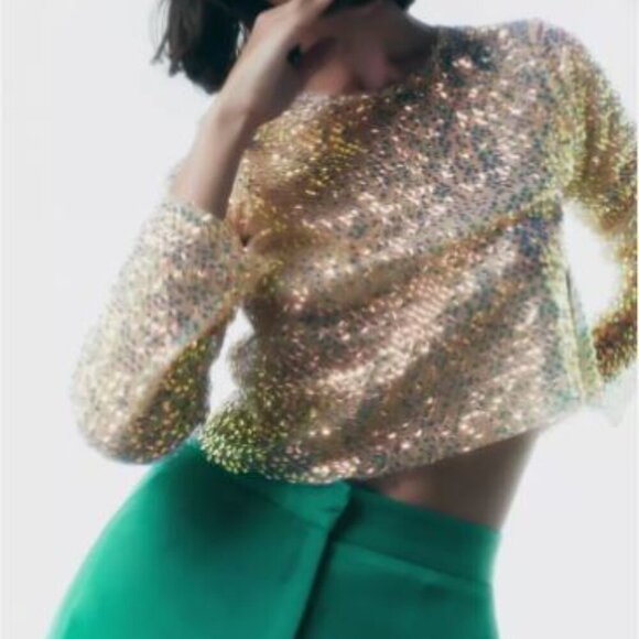 Sage & Fig Beige Sequin Cropped Blouse – Sparkle in Every Season - Picture 4 of 11